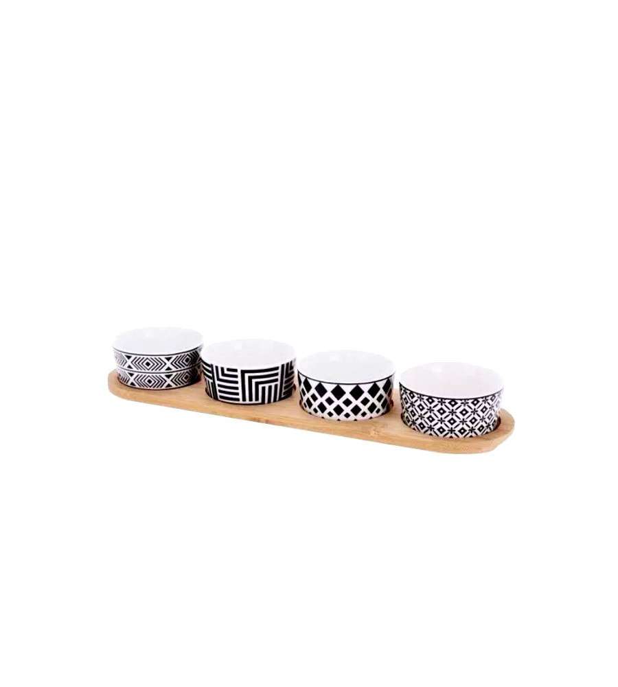 Vassoio Aperitivo in Bamboo con 4 Ciotole Decorate 38x10 cm