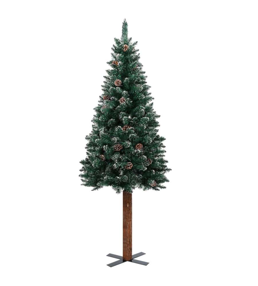 Albero di Natale Sottile Legno Vero Verde con Neve Bianca 210cm