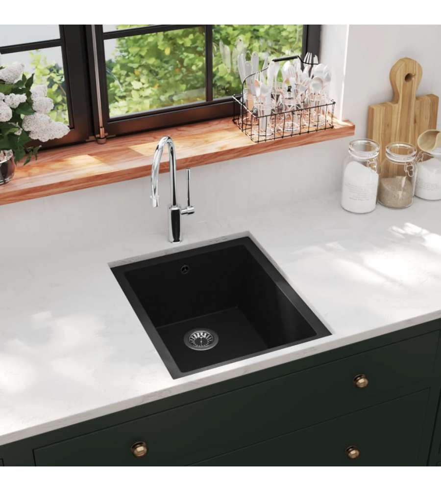 Lavello da Cucina con Foro Troppopieno Nero in Granito 380x460x194 mm