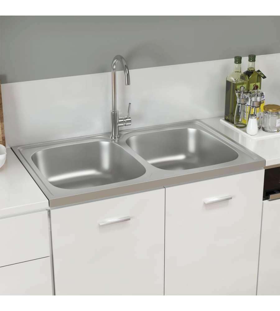 Lavello Cucina Doppia Vasca 800x500x155 mm Argento Acciaio Inox
