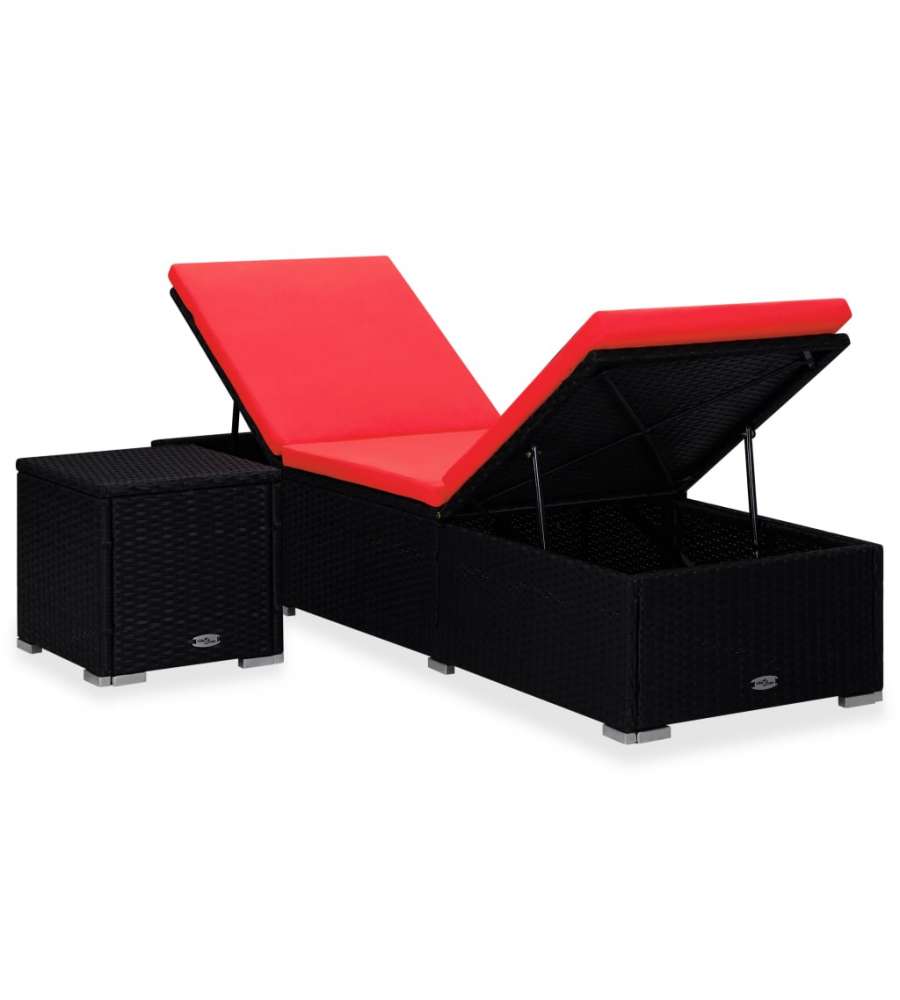 Lettino Prendisole con Cuscino e Tavolino in Polyrattan Rosso