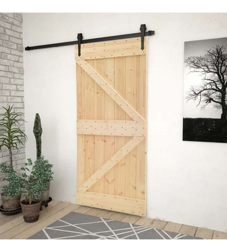 Porta Scorrevole con Set Hardware 90x210 cm in Legno di Pino