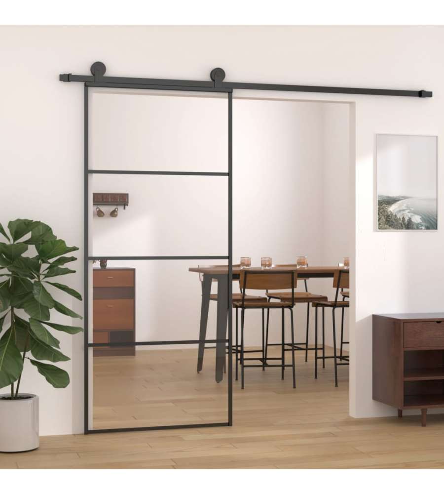 Porta Scorrevole in Vetro ESG e Alluminio 90x205 cm Nera 149480