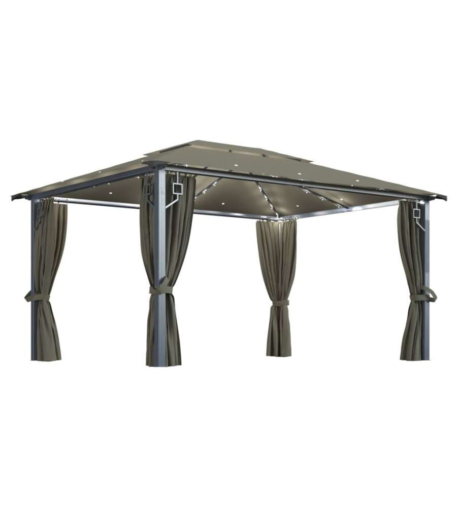 Gazebo con Tende e Luci LED 400x300 cm Grigio Talpa Alluminio