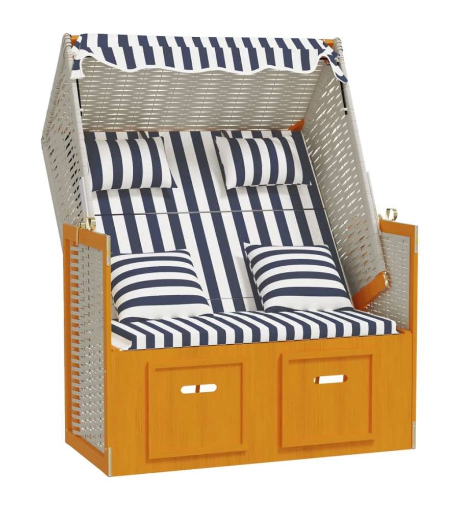 Strandkorb con Cuscini Polyrattan e Legno Massello Bianco e Blu
