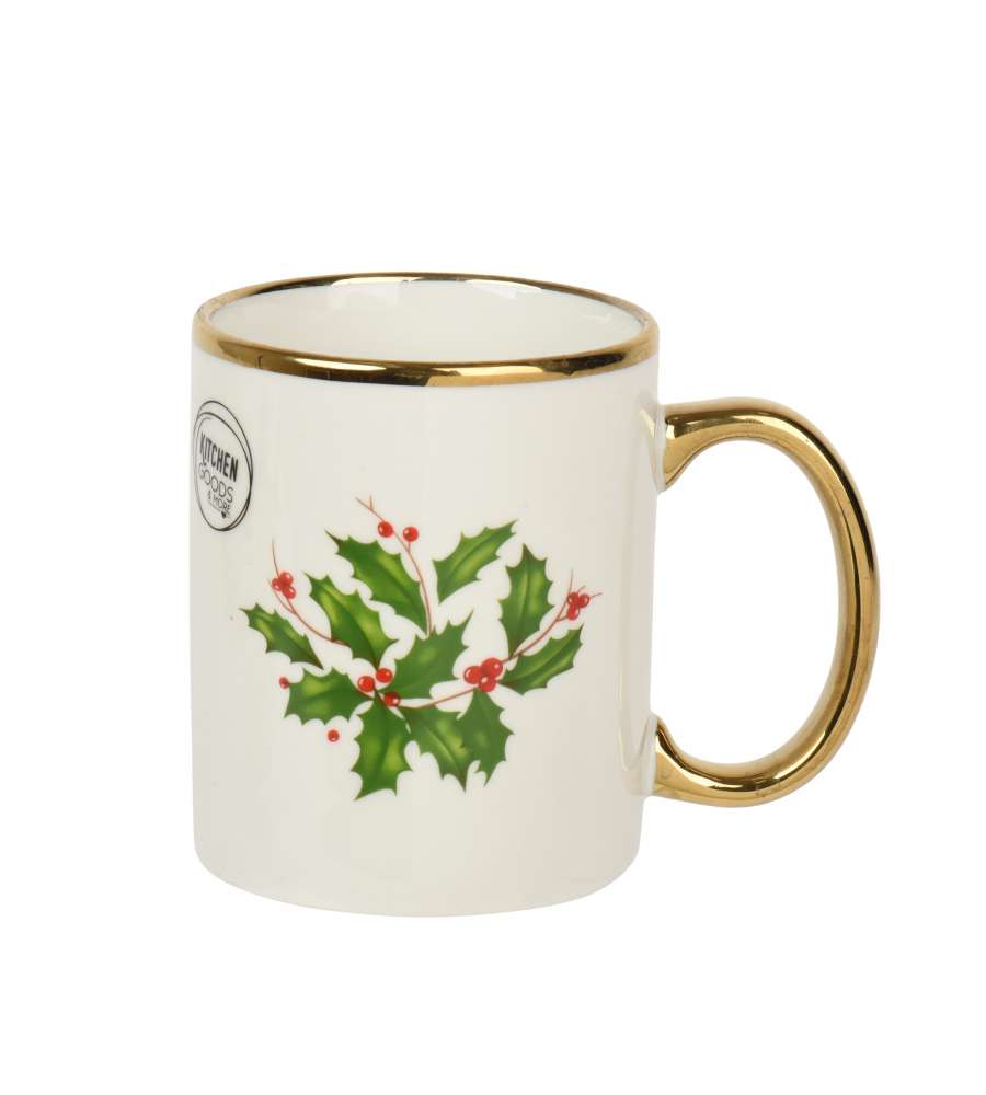 Decoris Tazza natalizia porcellana agrifoglio color crema 9,9 cm