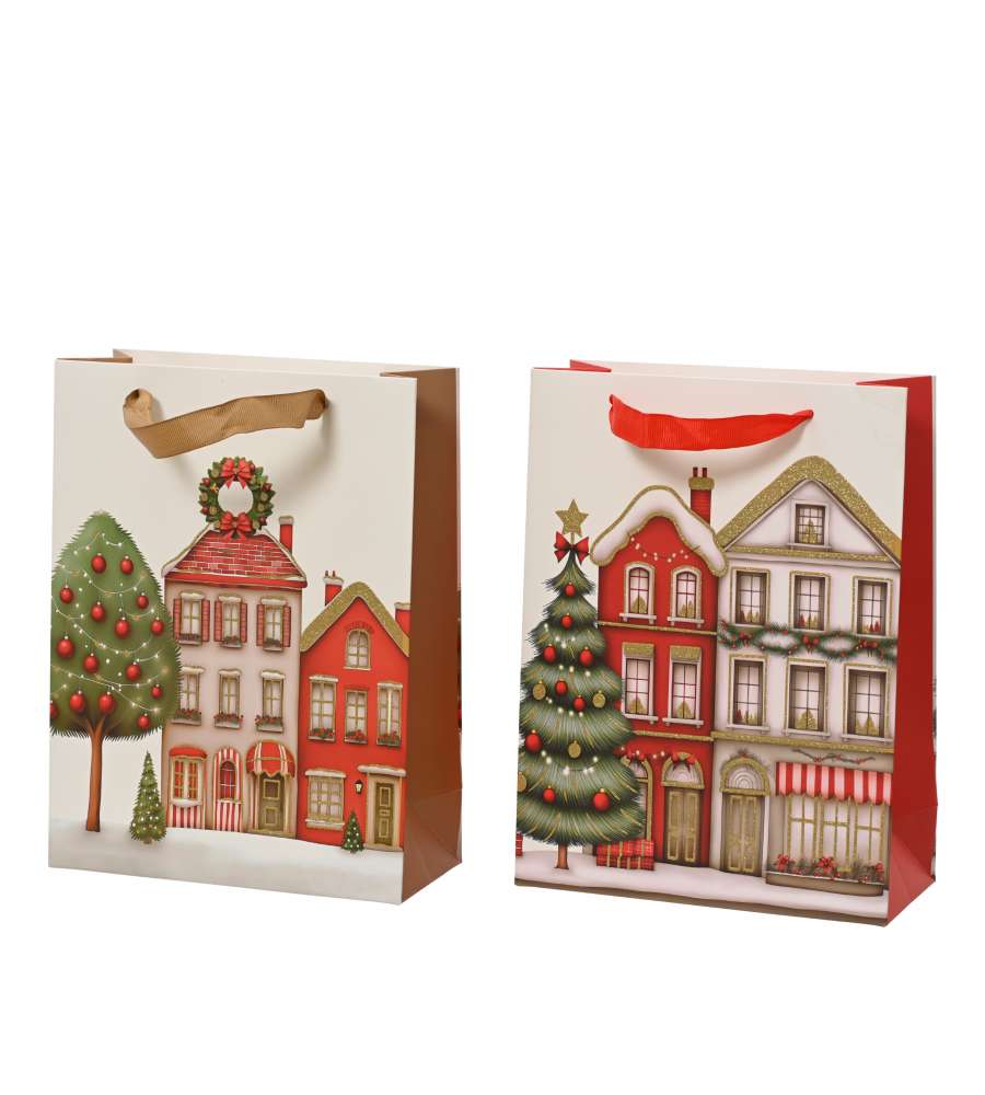 Decoris Sacchetto Regalo Natale Glitter House 42x16x48 cm Rosso Bianco