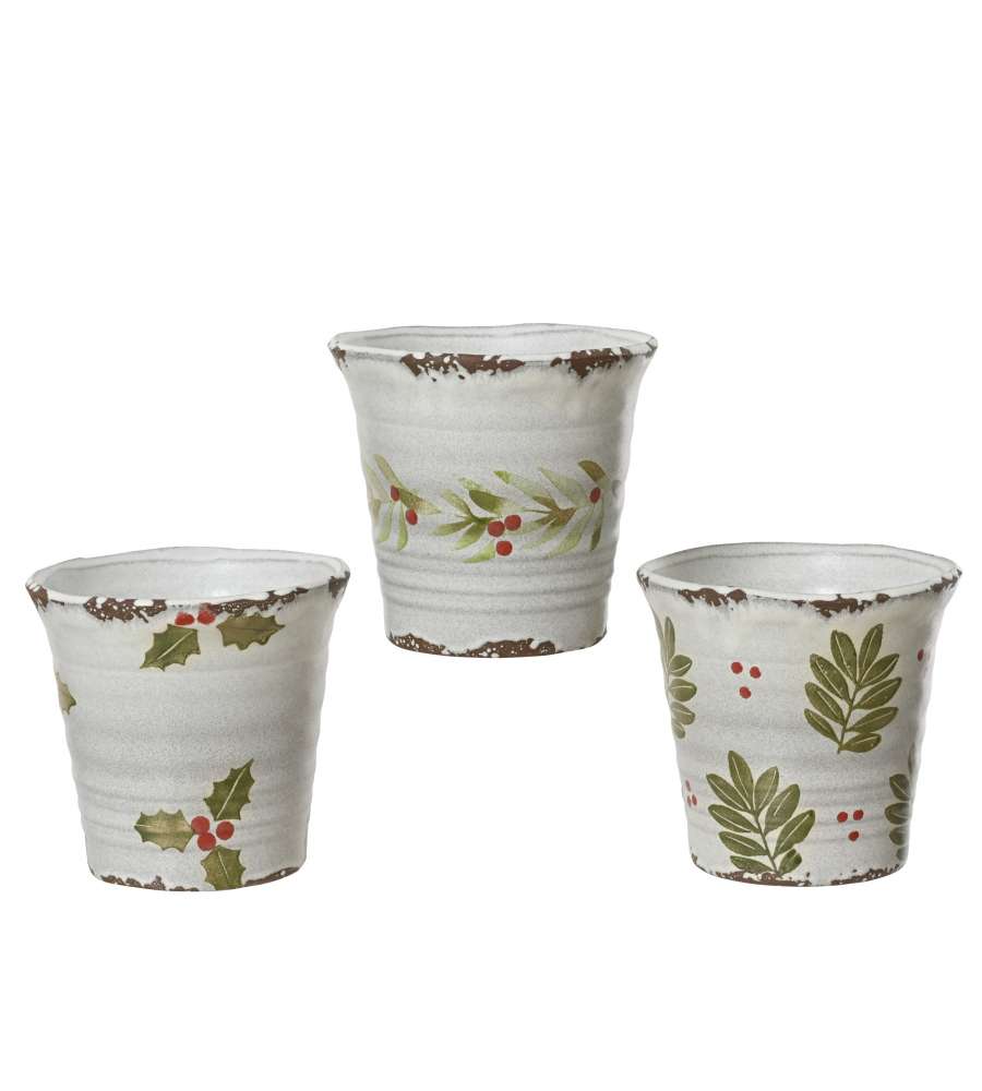 Vaso Bianco in Terracotta Decorato con Foglie di Agrifoglio 14x13,5 cm
