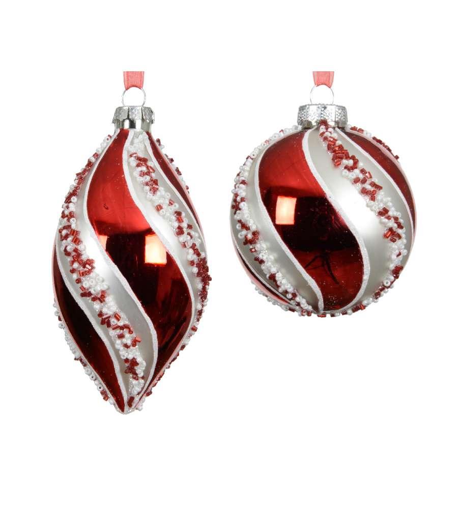 Decoris Pallina di Vetro Natalizia - Argento e Rosso con Perline - 8cm