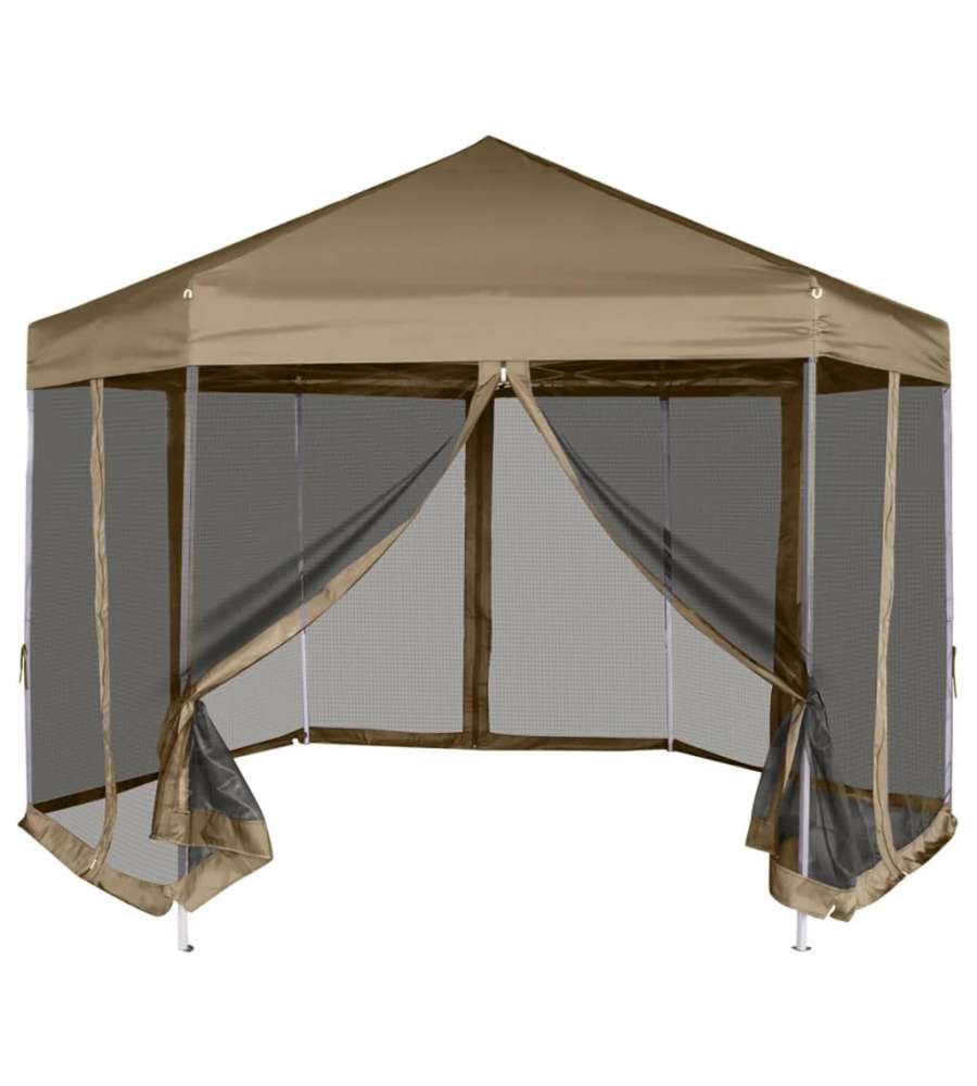 Tendone Esagono Pop-Up Pareti Laterali 3,6x3,1m Tortora 220g/mq