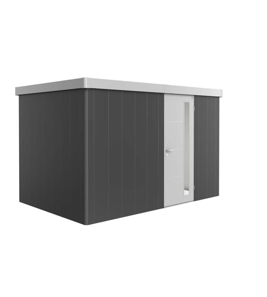 Casetta Neo 2D Variante 3.1 Porta standard, colore delle pareti grigio scuro metallizzato, colore del Tetto e delle porte argento metallizzato