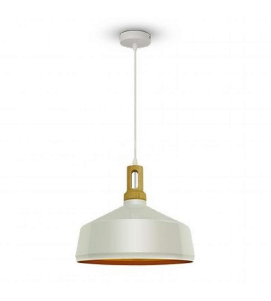 Lampadario LED in Metallo a Coppa con Portalampada E27 (Max 60W) Colore Bianco Lucido e Attacco in Legno