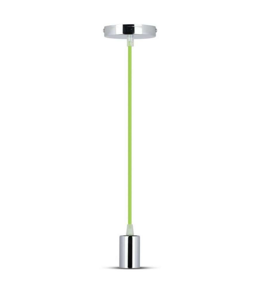 Lampadario LED a Cilindro in Metallo con Portalampada E27 (Max 60W) Colore Cromato e Cavo Verde