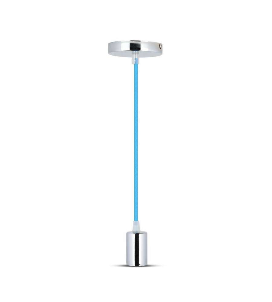Lampadario LED a Cilindro in Metallo con Portalampada E27 (Max 60W) Colore Cromato e Cavo Azzurro