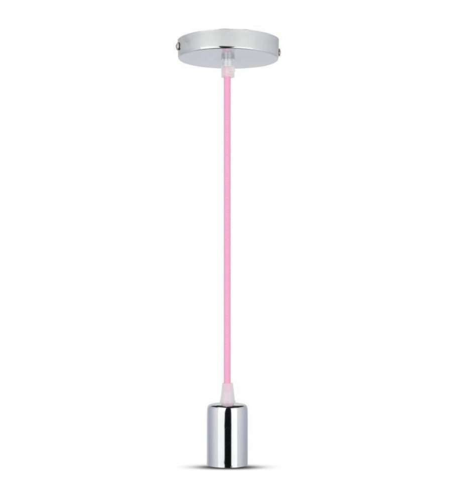 Lampadario LED a Cilindro in Metallo con Portalampada E27 (Max 60W) Colore Cromato e Cavo Rosa