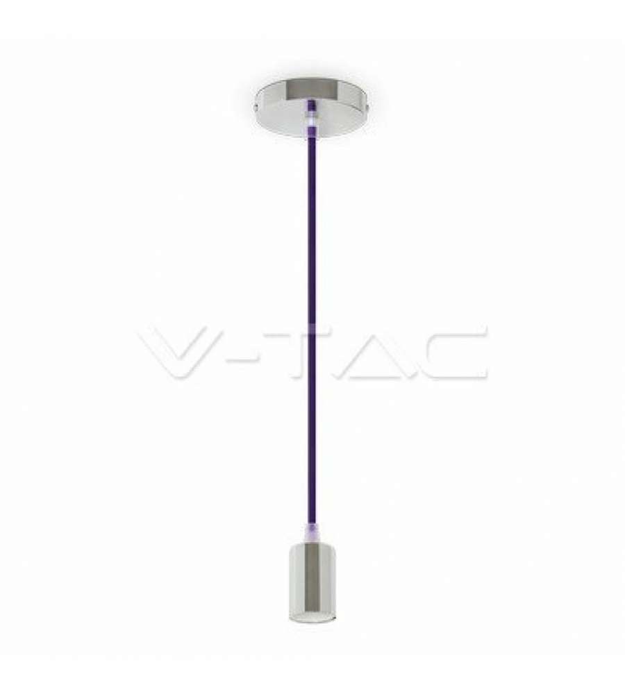 Lampadario LED a Cilindro in Metallo con Portalampada E27 (Max 60W) Colore Cromato e Cavo Viola