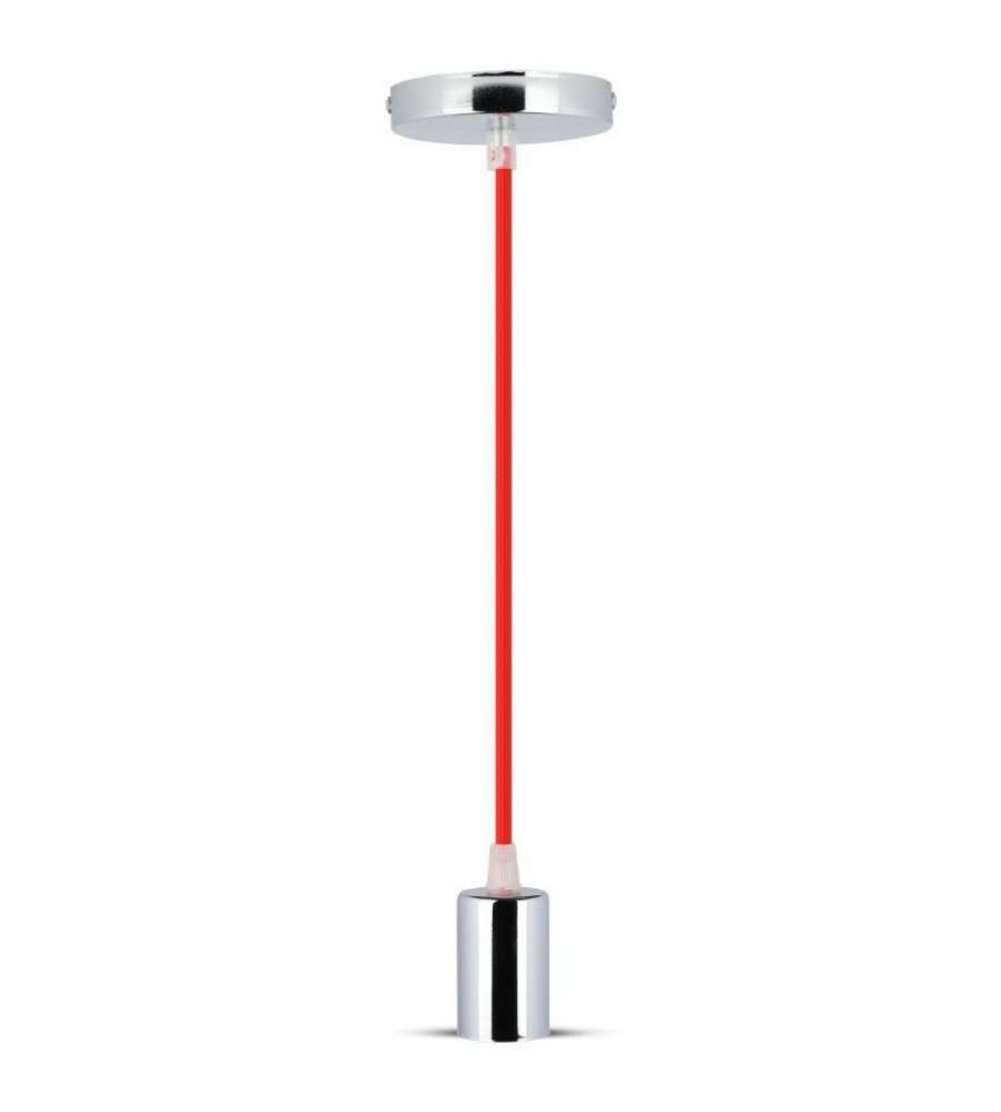 Lampadario LED a Cilindro in Metallo con Portalampada E27 (Max 60W) Colore Cromato e Cavo Rosso