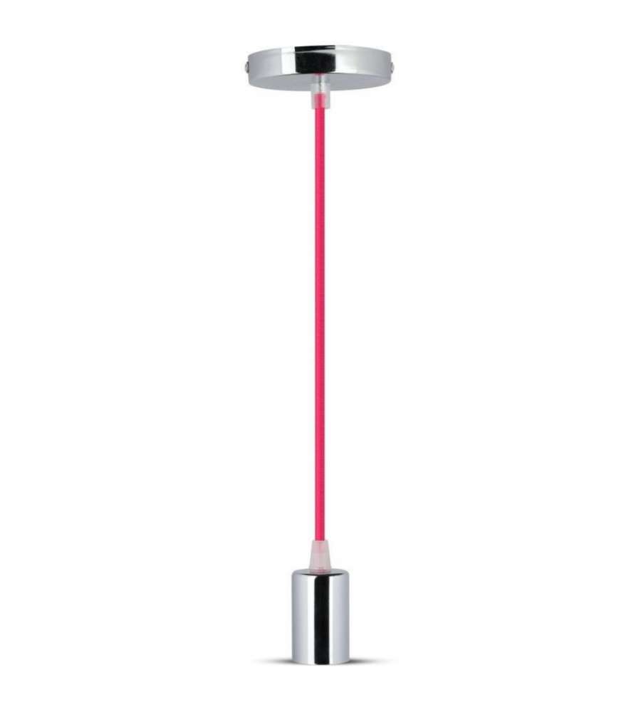 Lampadario LED a Cilindro in Metallo con Portalampada E27 (Max 60W) Colore Cromato e Cavo Fucsia