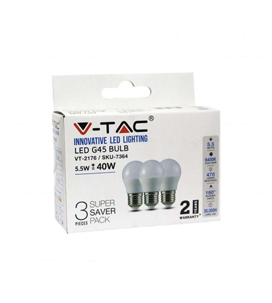 Lampadina LED E27 5,5W G45 6400K (Box 3 pezzi)