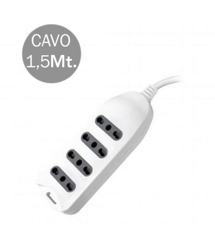 Multipresa con Cavo 1,5mt 4 Prese 10/16A 2P+T Bipasso con Attacco a Parete con Spina 16A 2P+T Colore Bianco