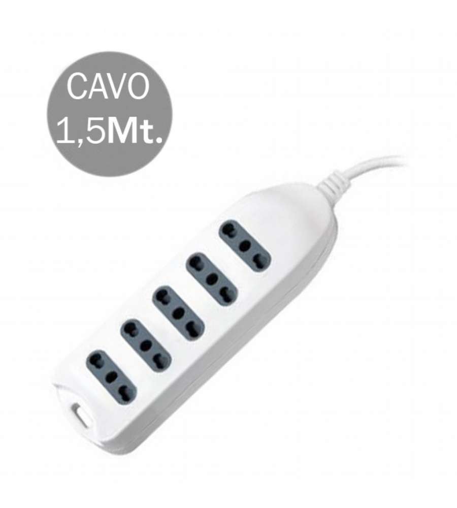 Multipresa con Cavo 1,5mt 5 Prese 10/16A 2P+T Bipasso con Attacco a Parete con Spina 16A 2P+T Colore Bianco