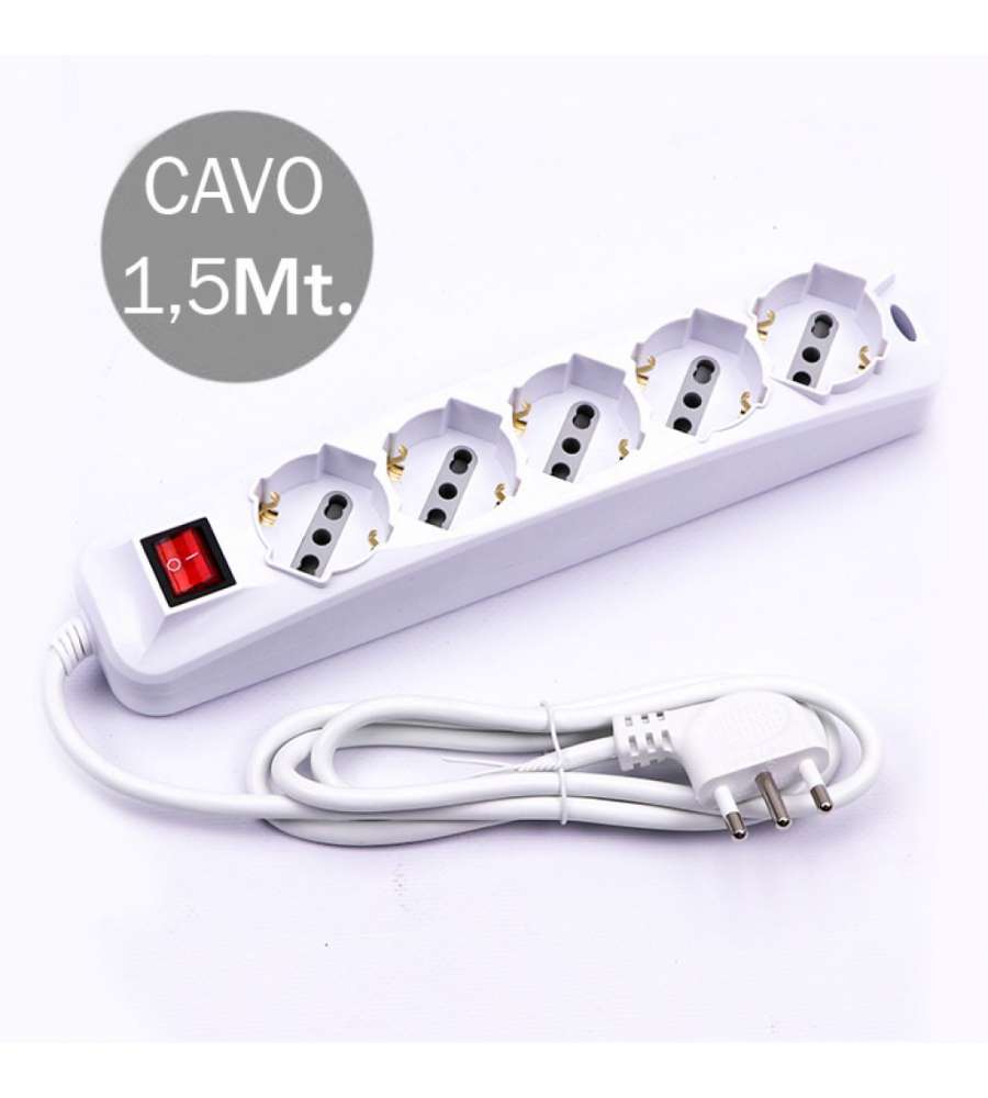 Multipresa con Cavo 1,5mt 5 Prese 10/16A 2P+T Bipasso + Shuko Interruttore Luminoso Spina 16A 2P+T Colore Bianco