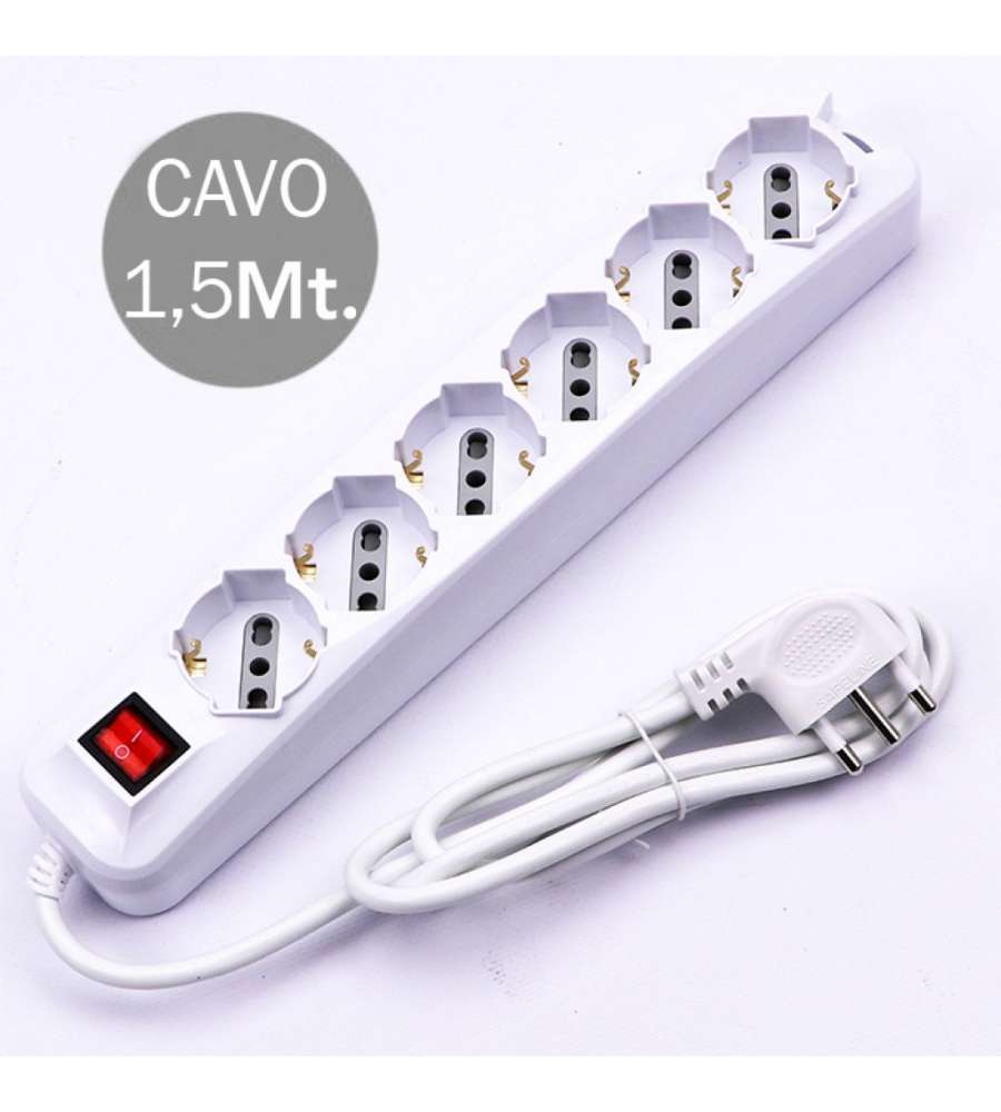 Multipresa con Cavo 1,5mt 6 Prese 10/16A 2P+T Bipasso + Shuko Interruttore Luminoso Spina 16A 2P+T Colore Bianco