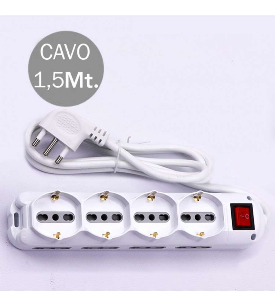 Multipresa con Cavo 1,5mt 8Prese Laterali 10/16A 2P+T Bipasso 4Frontali 10/16A 2P+T Bipasso Shuko Interruttore Spina 16A 2P+T