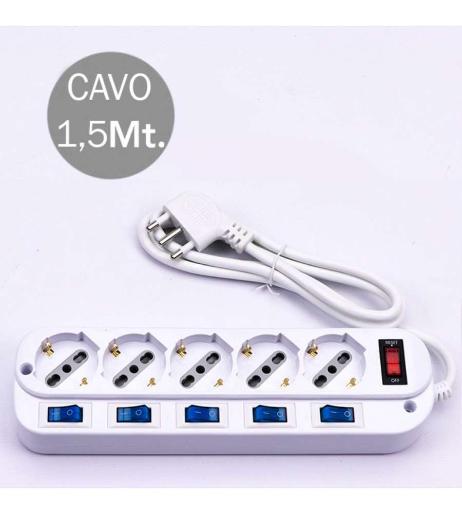 Multipresa con Cavo 1,5mt 5 Prese 10/16A 2P+T Bipasso + Shuko a 45 Interruttore Generico 5 Singoli Spina 16A 2P+T