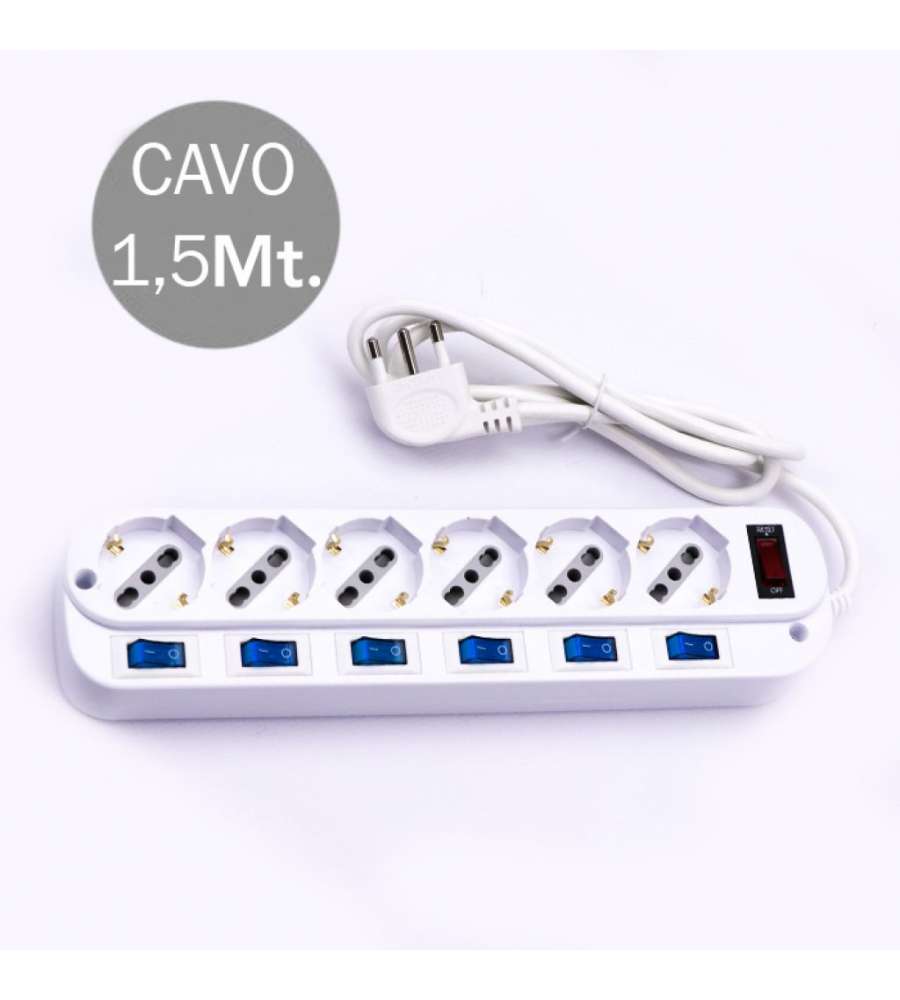 Multipresa con Cavo 1,5mt 6 Prese 10/16A 2P+T Bipasso + Shuko a 45 Interruttore Generico 6 Singoli Spina 16A 2P+T