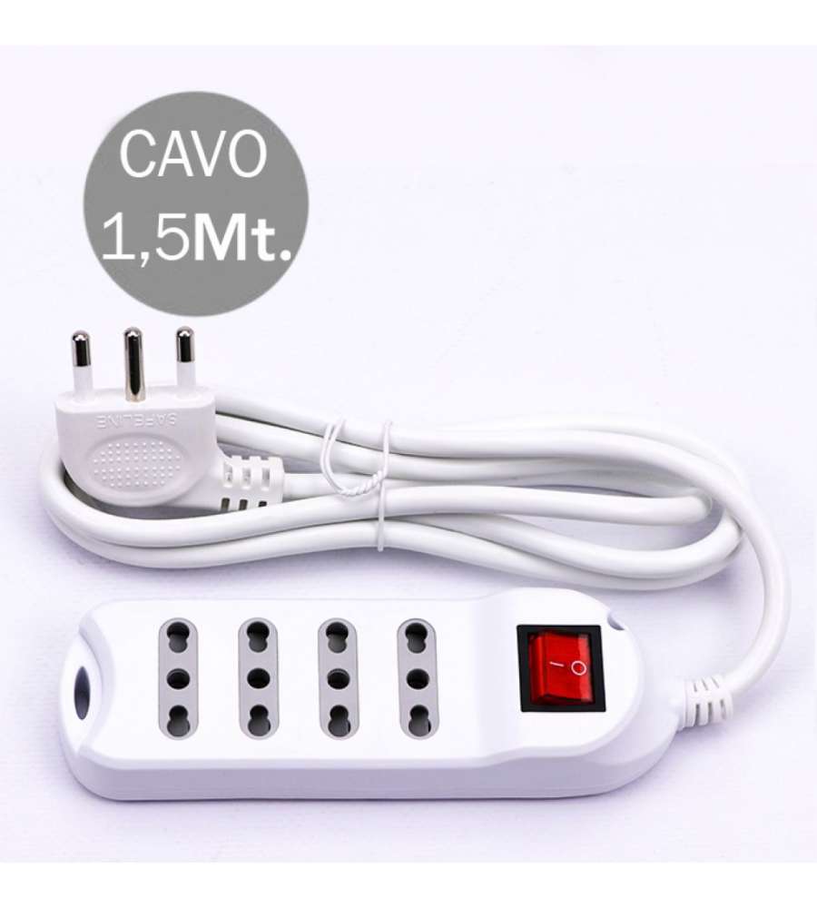 Multipresa con Cavo 1,5mt 4 Prese 10/16A 2P+T Bipasso con Interruttore Luminoso e Spina 16A 2P+T Colore Bianco