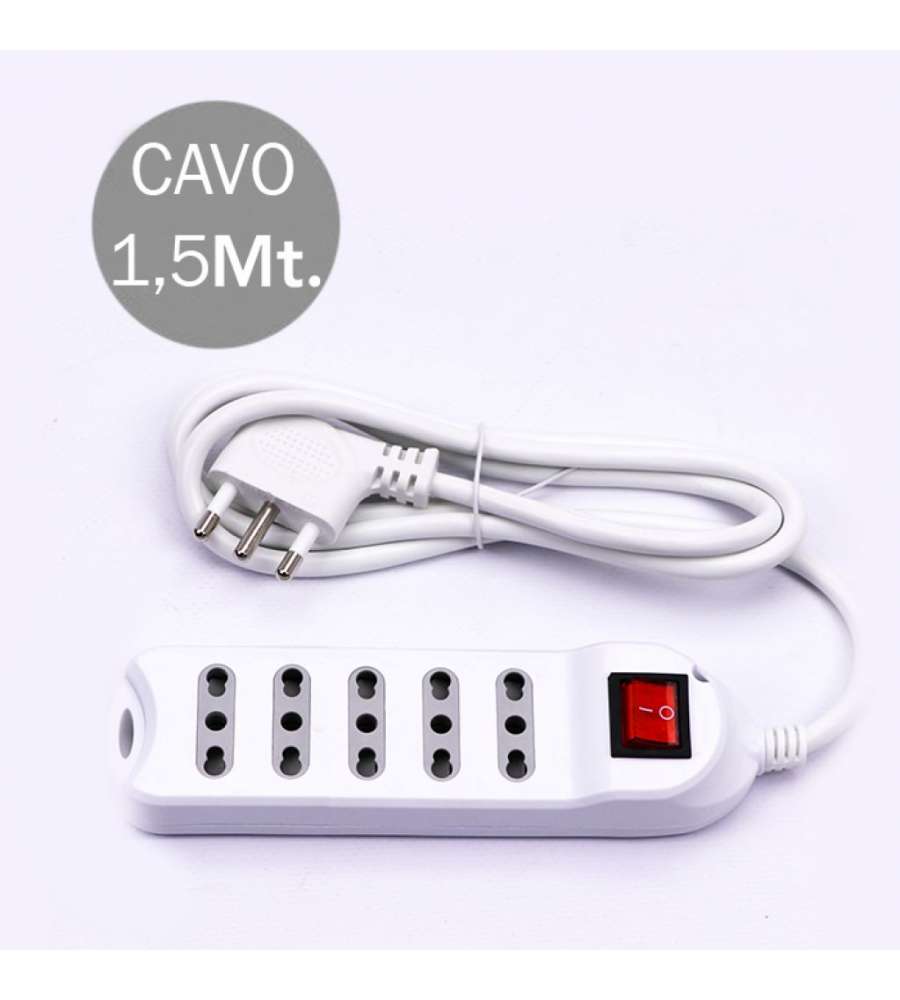 Multipresa con Cavo 1,5mt 5 Prese 10/16A 2P+T Bipasso con Interruttore Luminoso e Spina 16A 2P+T Colore Bianco