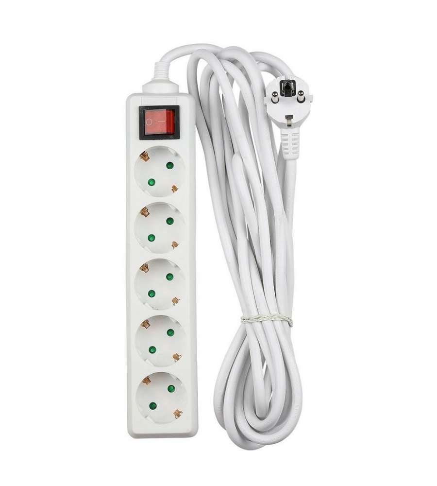 Multipresa con Cavo 5mt 5 Prese 10A 2P + Shuko e Interruttore Luminoso Spina Shuko Colore Bianco