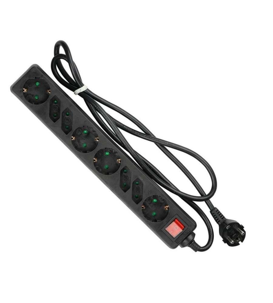 Multipresa con Cavo 1,5mt 8 Prese 4 10A 2P + Shuko 4 10A Inclinate e Interruttore Luminoso Spina Shuko Colore Nero