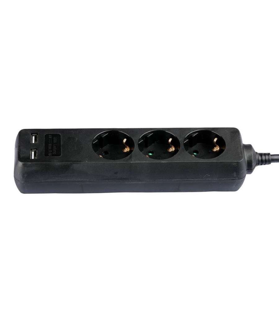 Multipresa con Cavo 1,5mt 3 Prese 10A 2P + Shuko 2 USB e Interruttore Luminoso Spina Shuko Colore Nero