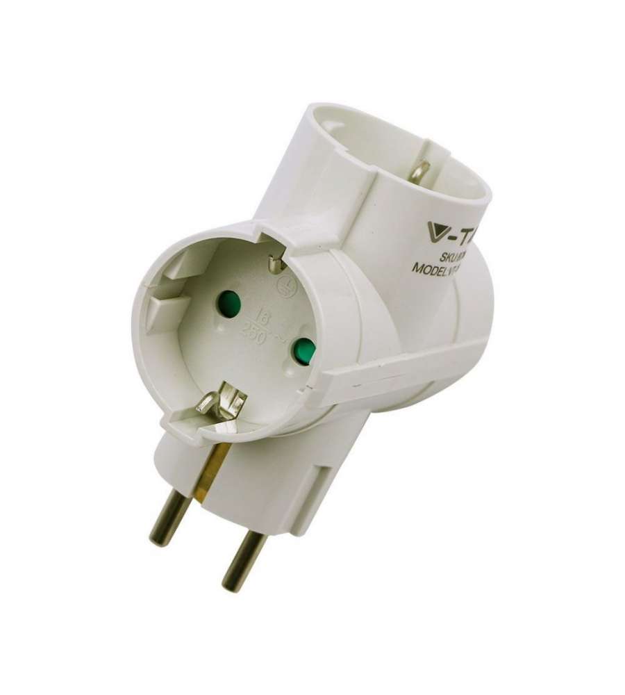 Adattatore Multipresa con 2 Prese Laterali 10A 2P + Shuko e una Frontale 10A 2P + Shuko con Spina Shuko Colore Bianco