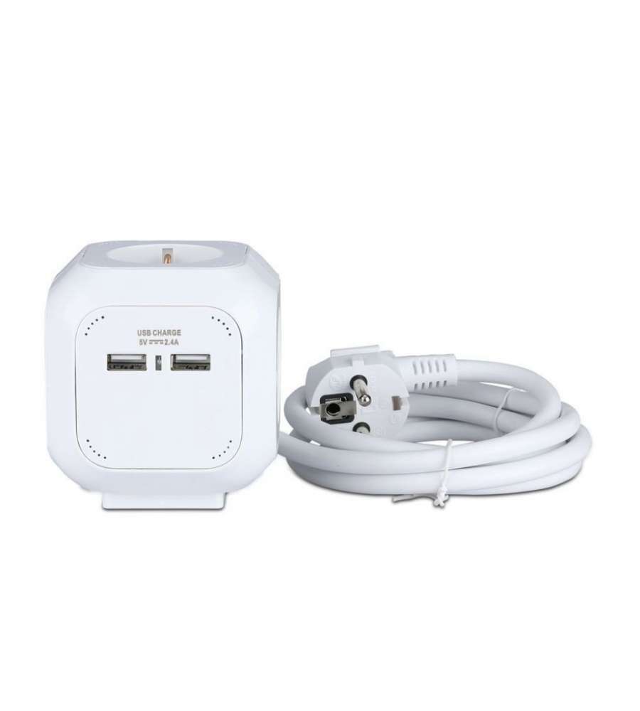 Multipresa Cubica con Cavo 1,4 mt 4 Prese Shuko e 2 USB e Spina Shuko Colore Bianco