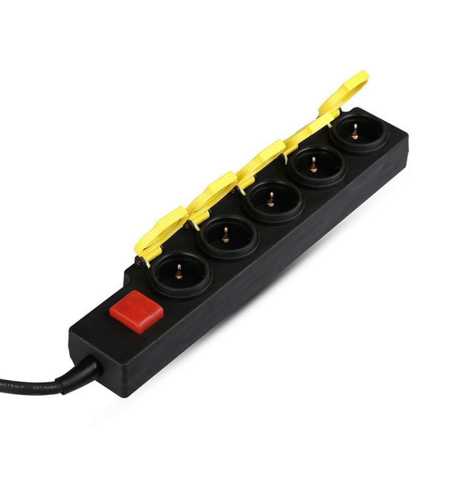 Multipresa con Cavo  3mt 5 Prese Shuko con Copertura e Interruttore Luminoso Colore Nero Giallo IP44