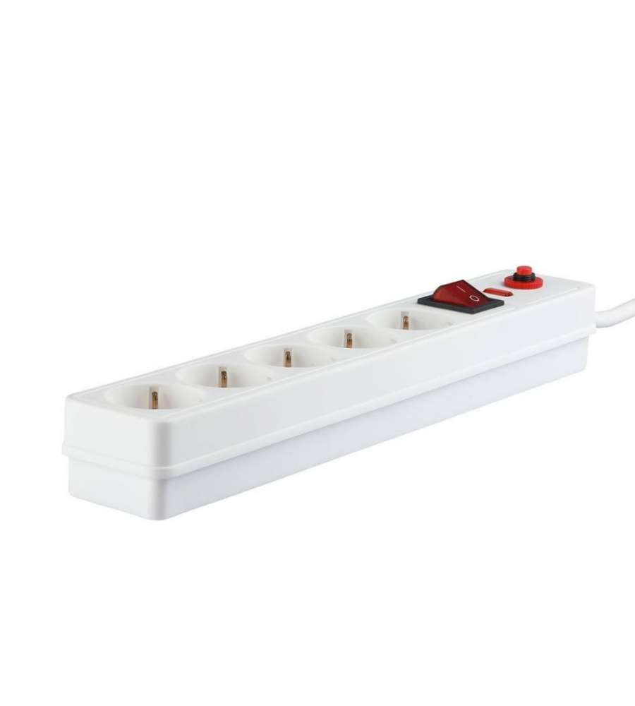 Multipresa con Cavo 1,4mt 5 Prese 16A con Interruttore Luminoso e di Protezione da Sovraccarico Colore Bianco