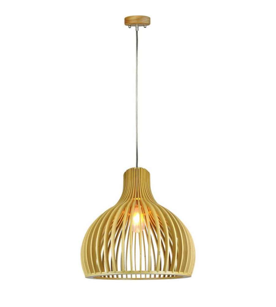 Lampadario LED in Legno a Sospensione con Portalampada E27 (Max 60W) Cappuccio Cromato e Paralume a Imbuto d: 350x450mm 1mt Cavo