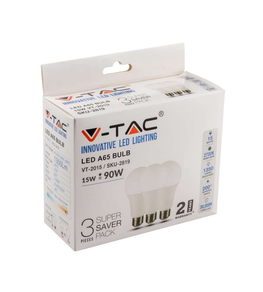 Lampadina LED E27 15W A65 2700K  (Box 3 pezzi)