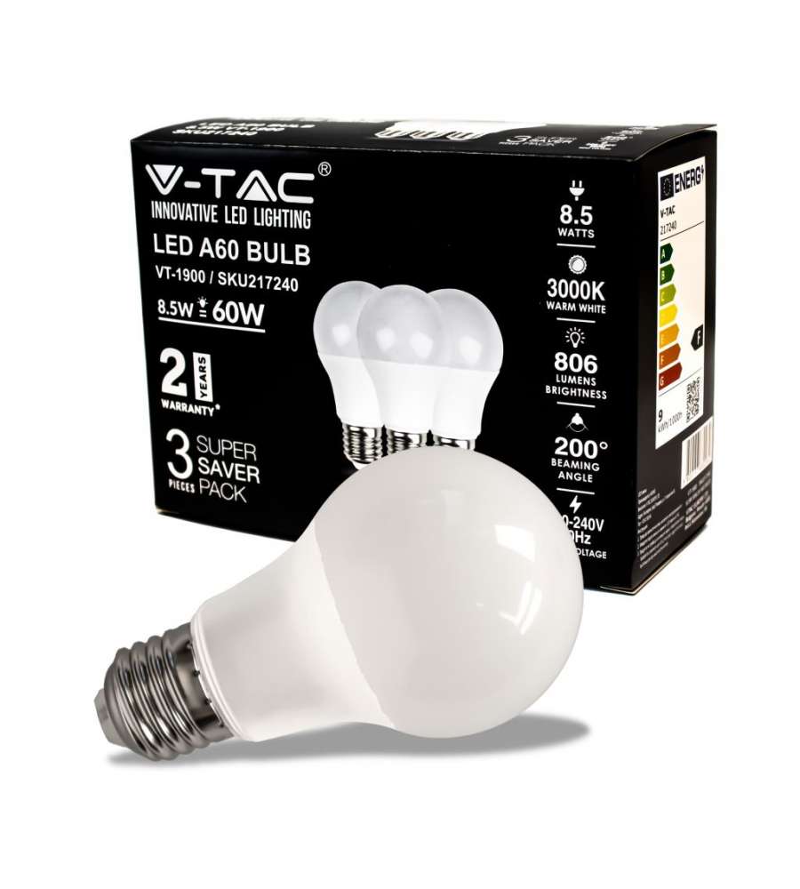 Lampadina LED E27 8.5W A60 3000K (Box 3 pezzi)