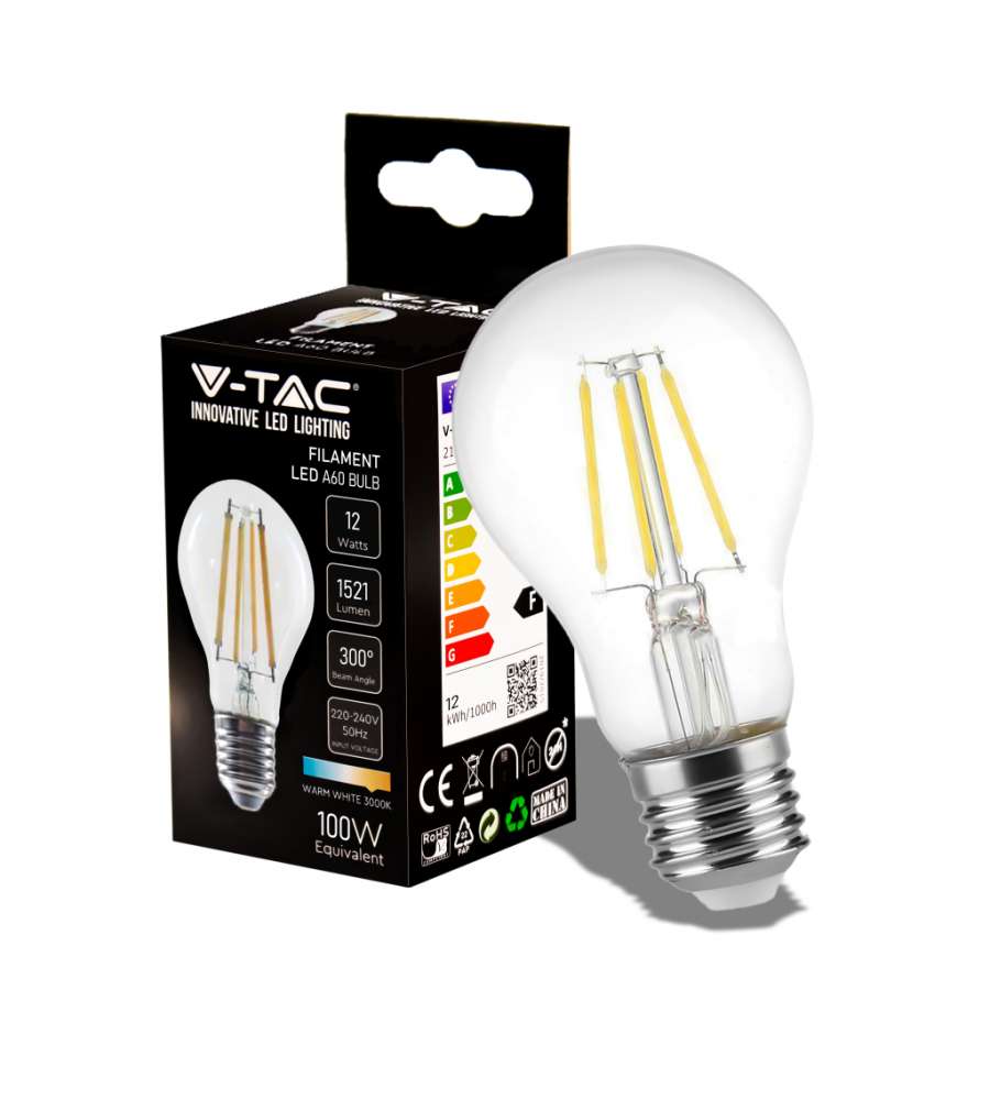 Lampadina LED E27 12W 120LM/W A70 Filamento 3000K