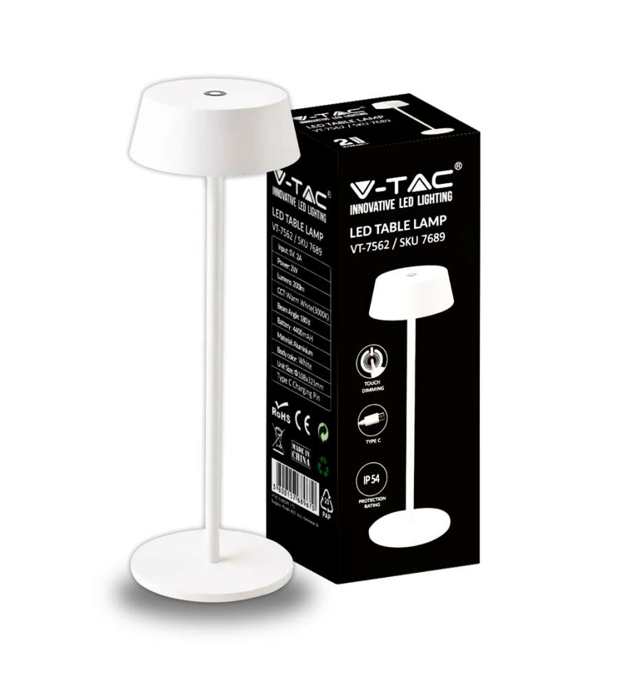 Lampada LED da Tavolo 2W Colore Bianco in Alluminio ricaricabile con USB C Touch Dimmerabile 3000K