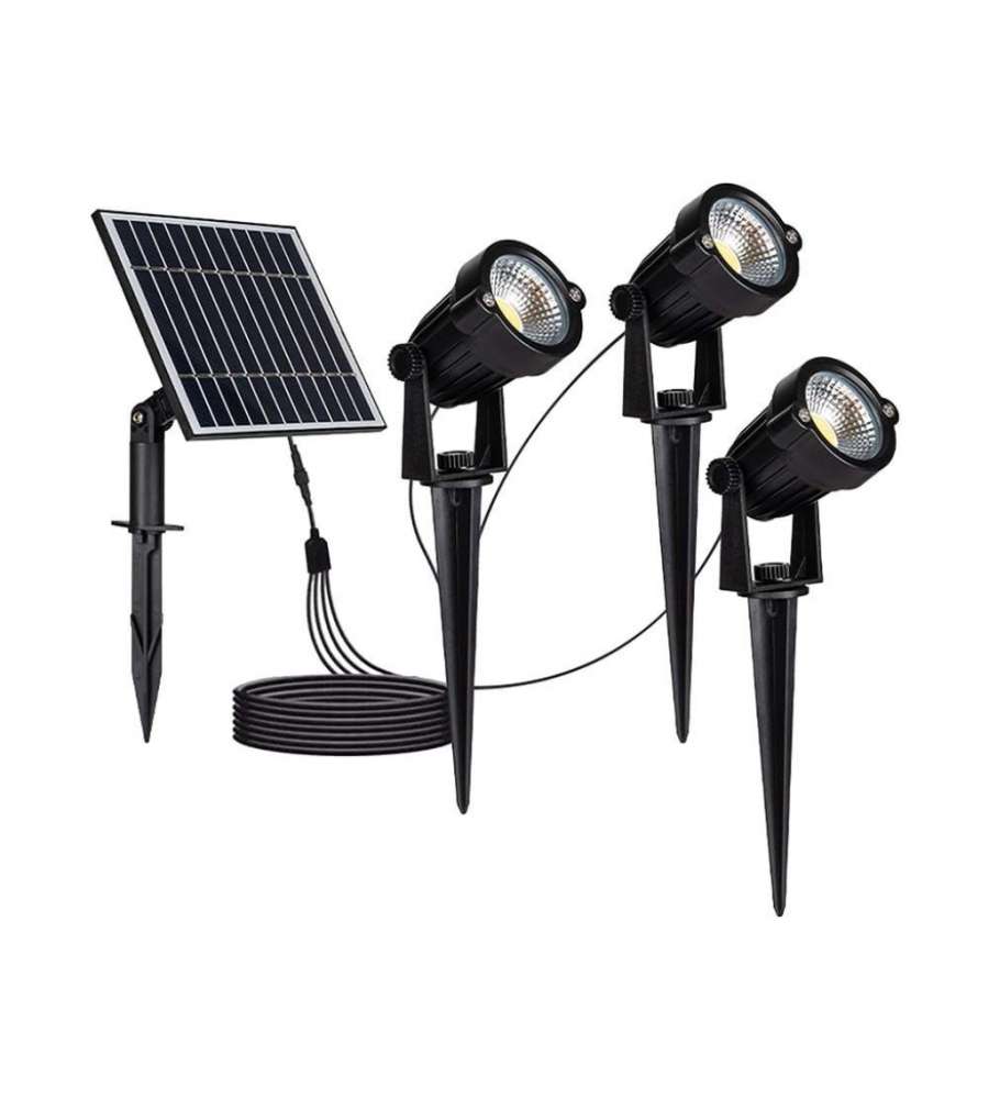 V-TAC 3*Faretti LED da Giardino 3*1.2W con Picchetto e Pannello Solare Colore Nero 3000K IP65