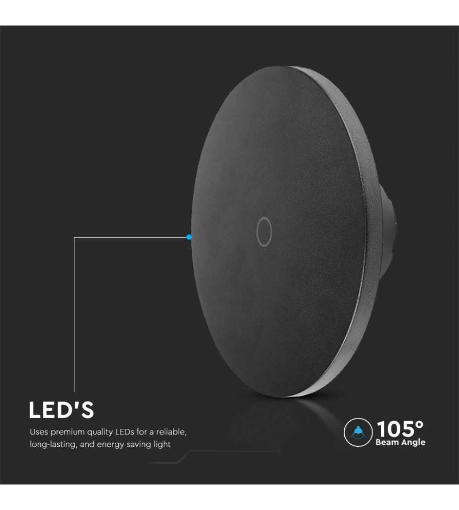 V-TAC Lampada LED da Muro Rotonda 12W 160*160*60mm Colore Nero 3in1 Dimmerabile IP65
