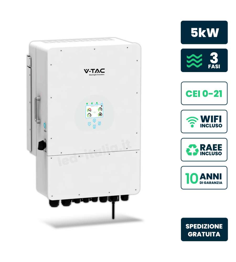 V-TAC Inverter Trifase Ibrido 5kW WiFi e TA inclusi Garanzia 10 Anni IP65