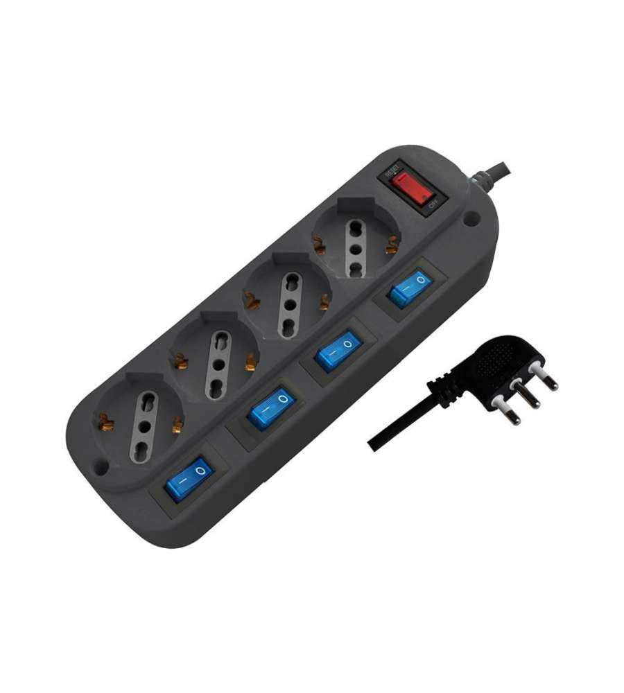 V-TAC Multipresa 4 Prese 10/16A 2P+T Bipasso/Schuko + 4 Interruttori e Protezione Sovraccarico 3500W Cavo 1,5m Spina 16A 2P+T
