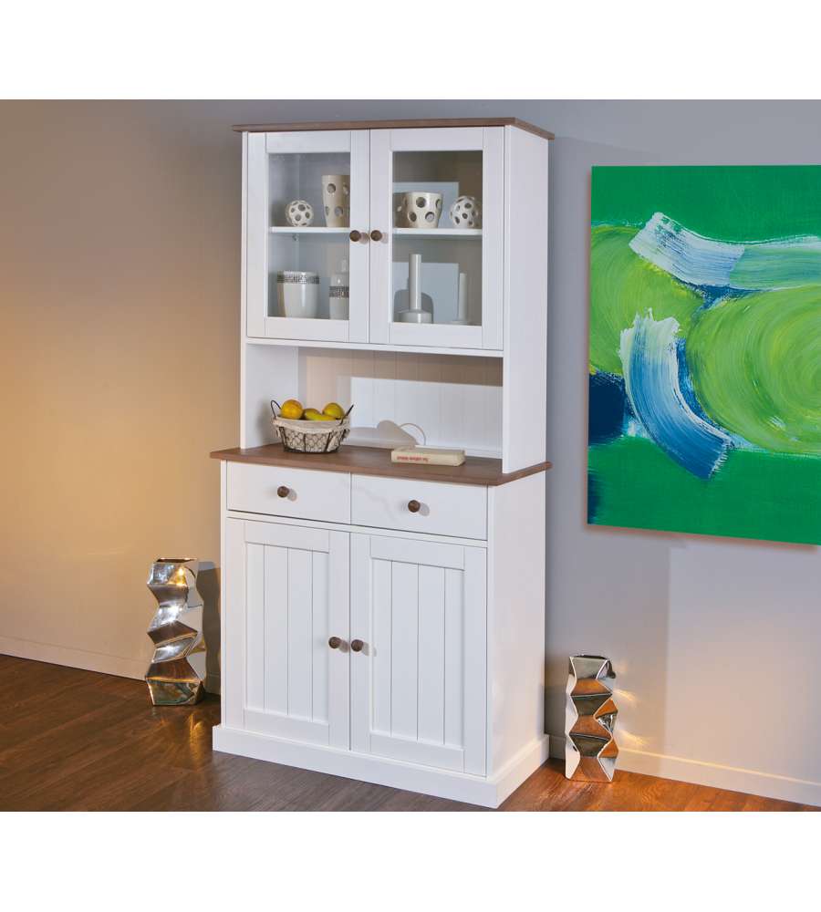 Credenza in Pino Massello Bianco e Noce - 4 Ante e 2 Cassetti