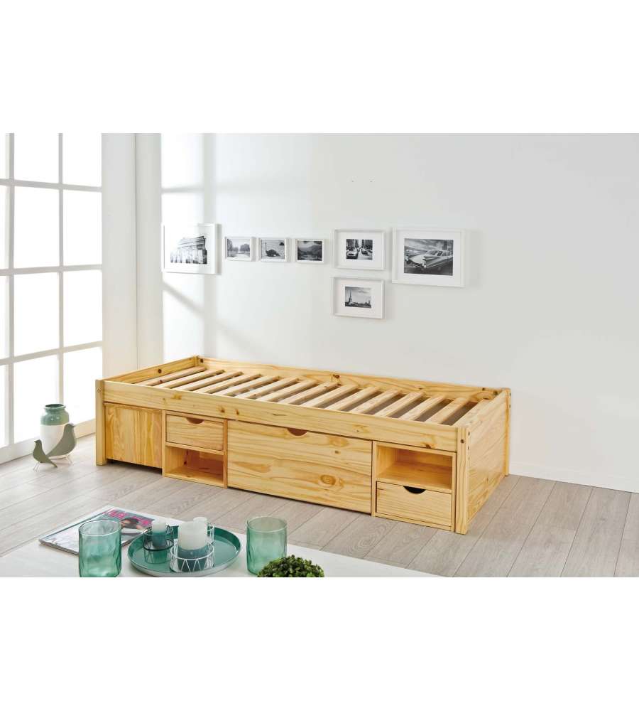 Letto in Pino Massello Naturale con Contenitori e Comodino - 90x200 cm